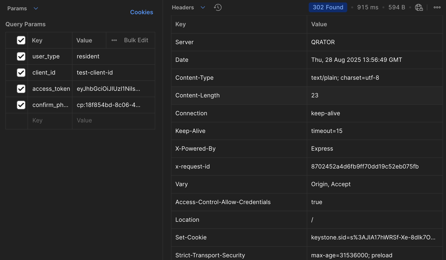 Example of getting user authorization in the keystone.sid cookie