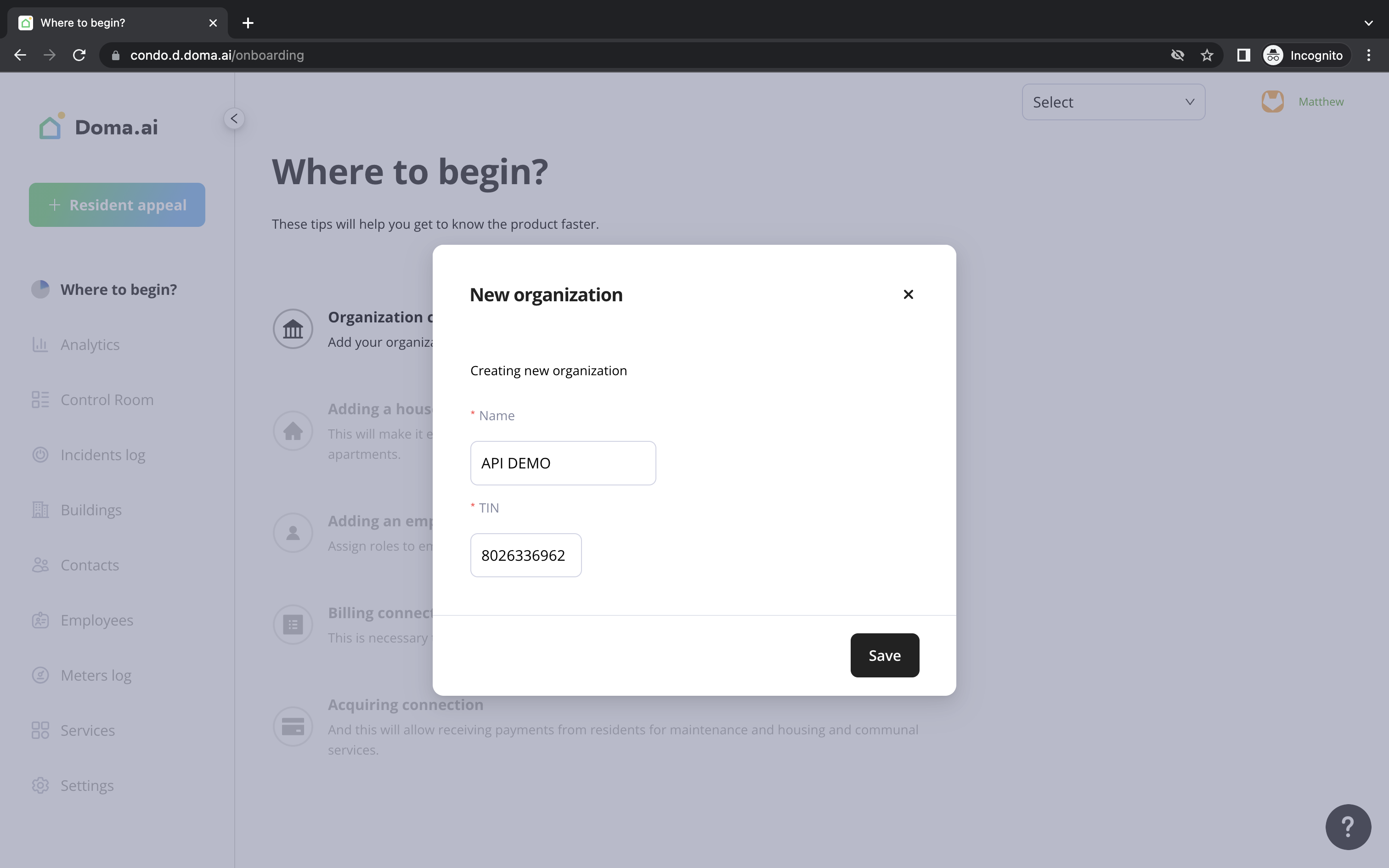 Create organization scree