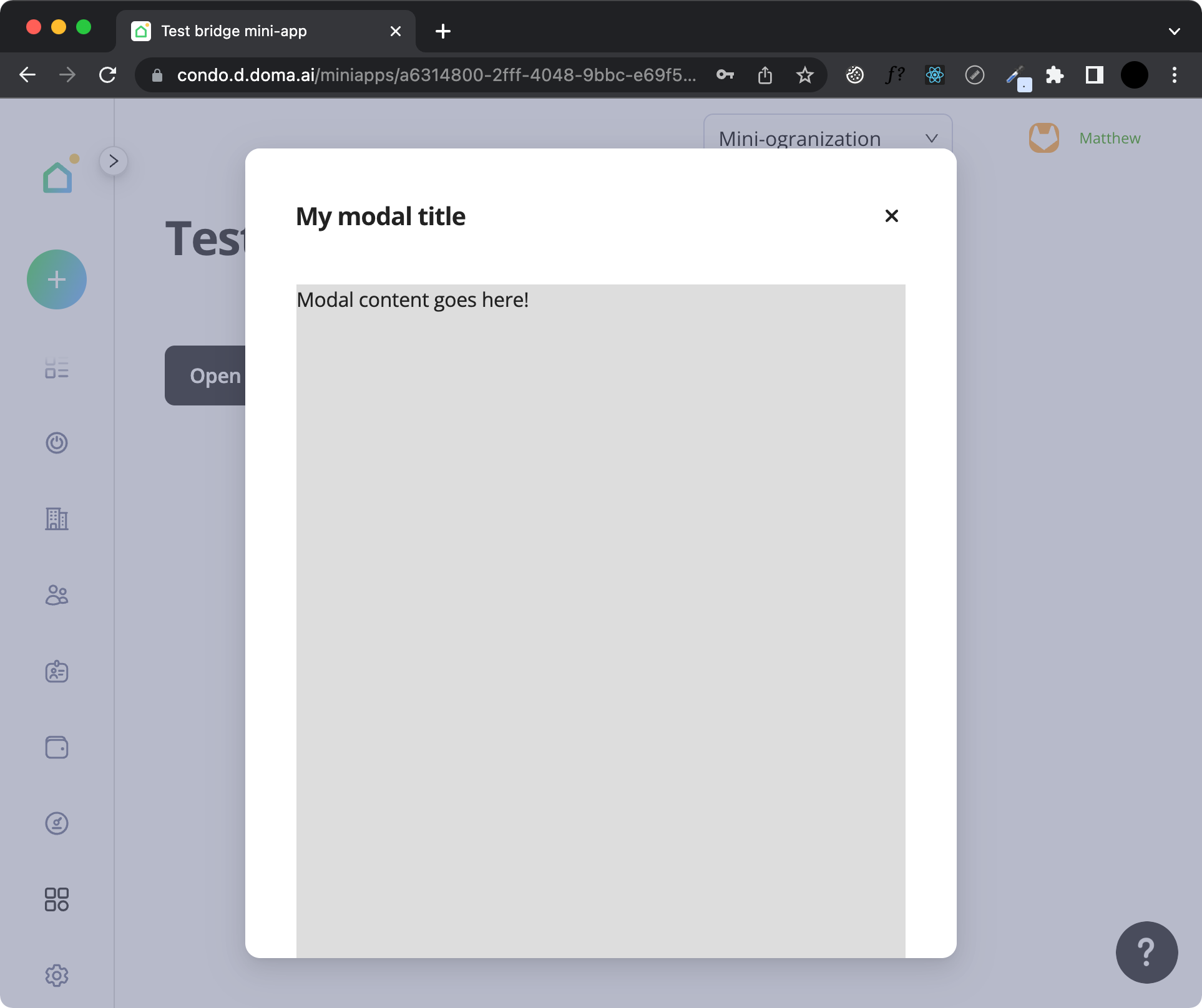 Opened modal window